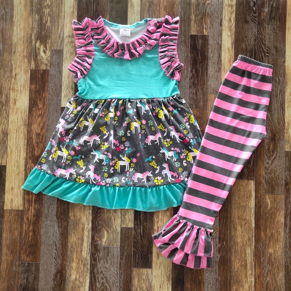Unicorn cute ruffle sleeveless top pants set - Picture 1 of 7